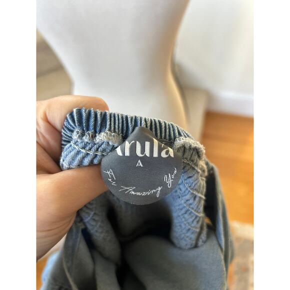 Arula Denim Puff Sleeve Milk Maid Square Neck Open Back Mini Western Dress - Picture 5 of 7